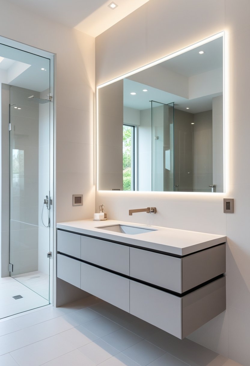 A spacious bathroom with a floating vanity mounted on the wall, a large mirror, and a walk-in shower in the background.