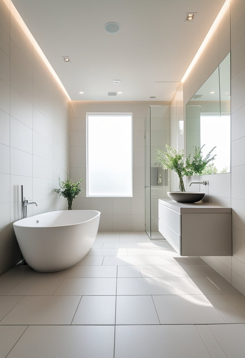 A modern bathroom with large rectangular floor tiles, a freestanding bathtub, a floating vanity, and natural light coming through a window.