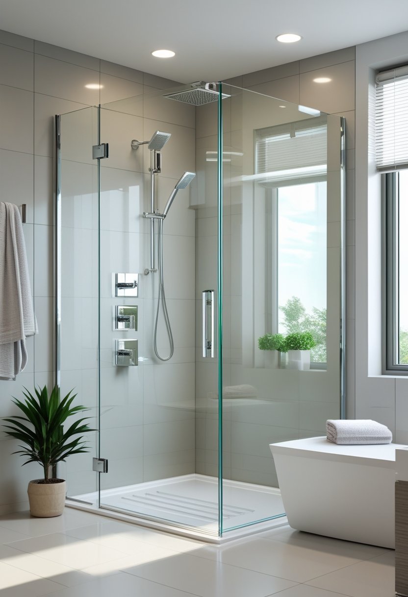 A modern bathroom with a clear frameless glass shower enclosure, tiled walls and floor, and contemporary fixtures.