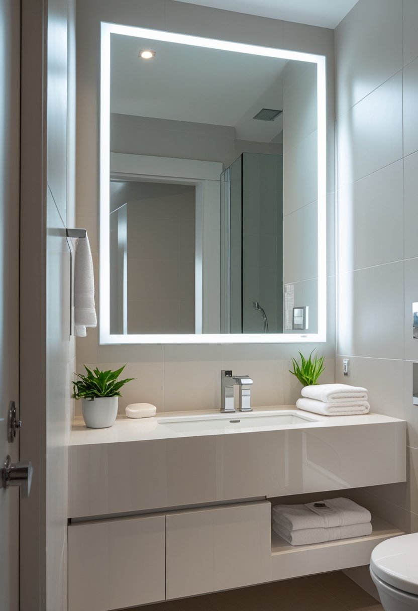 A modern bathroom with a large LED backlit mirror above a vanity, soft lighting, and clean, contemporary fixtures.