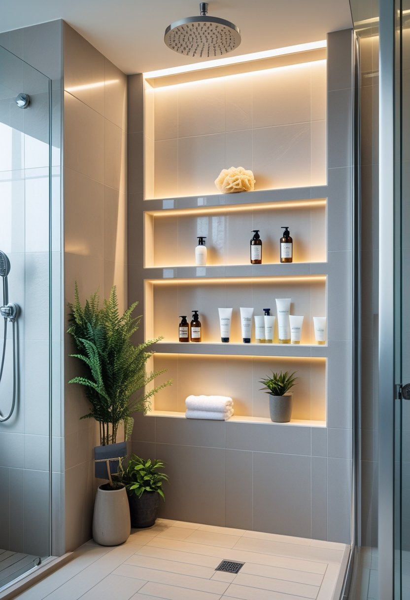 A modern shower with recessed shelves holding toiletries and a small plant inside a clean, tiled bathroom.
