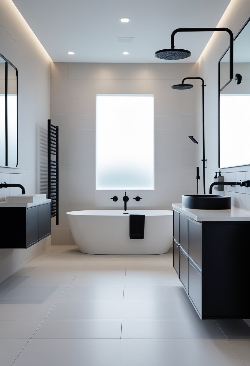 A bright bathroom with matte black faucets, showerhead, and towel racks, featuring a white bathtub, large mirror, and tiled walls.