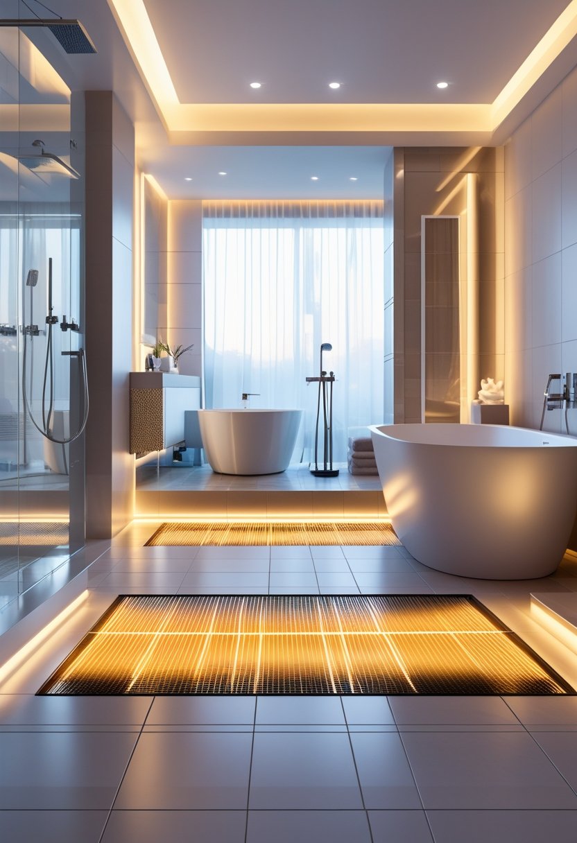 A modern bathroom with a walk-in shower, freestanding bathtub, and warm tile flooring suggesting heated floors.