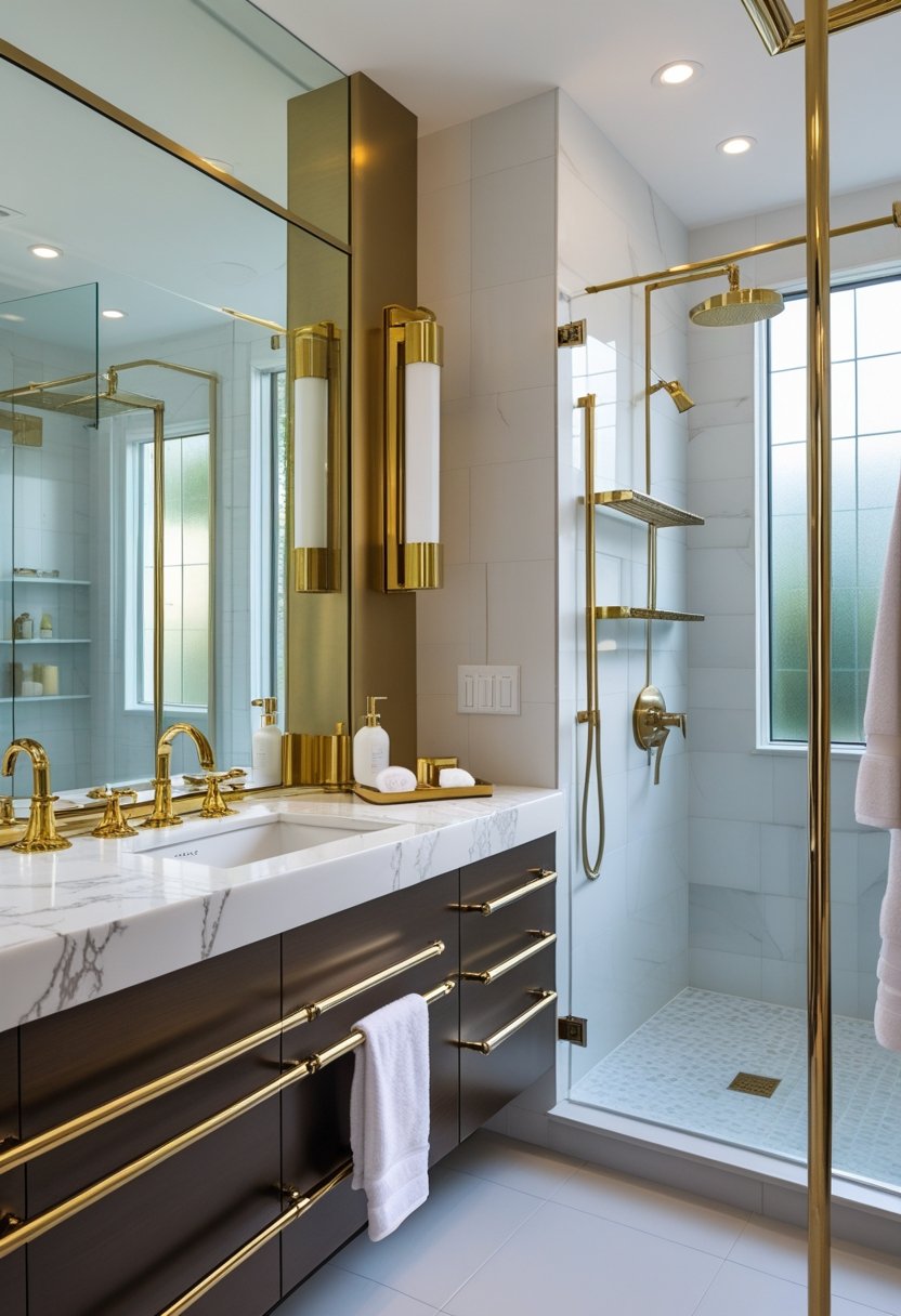 A modern bathroom featuring a vanity with brass and chrome fixtures, a large mirror, and a walk-in shower with mixed metal accents.