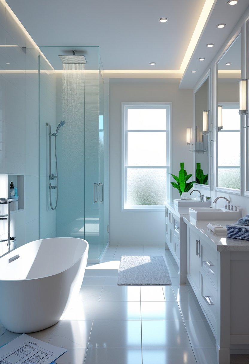 A modern bathroom with a bathtub, walk-in shower, double vanity, and remodeling plans on a countertop.