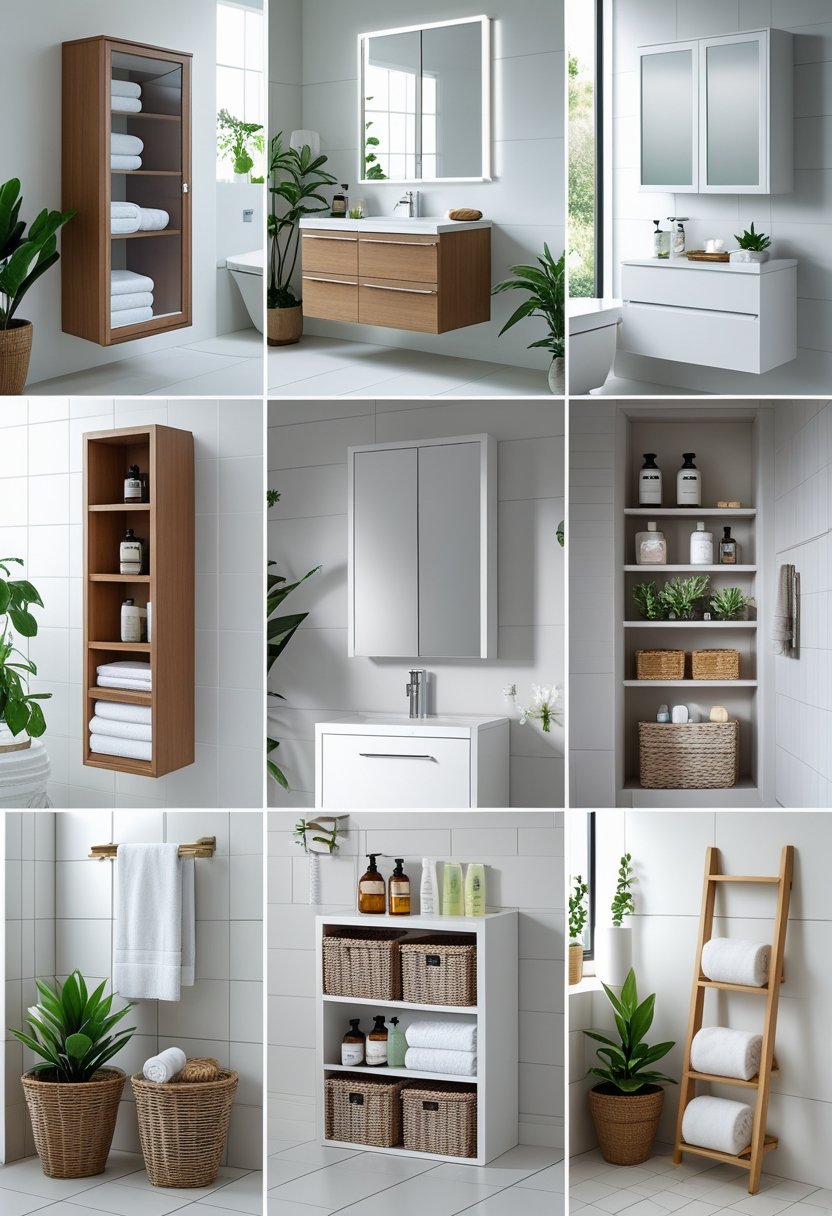 A bathroom interior displaying seven different types of storage cabinets including tall wooden cabinets, floating vanity drawers, corner shelves, and ladder shelves with towels, plants, and toiletries.
