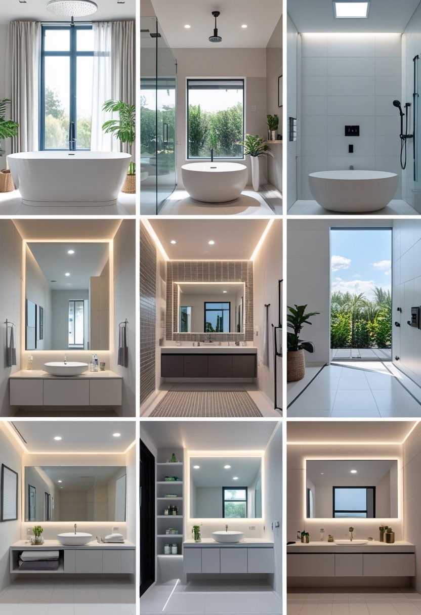 A modern bathroom showing eight different remodeling ideas including a bathtub, glass shower, floating vanity, large mirror, tile patterns, storage shelves, LED lighting, and a smart control panel.