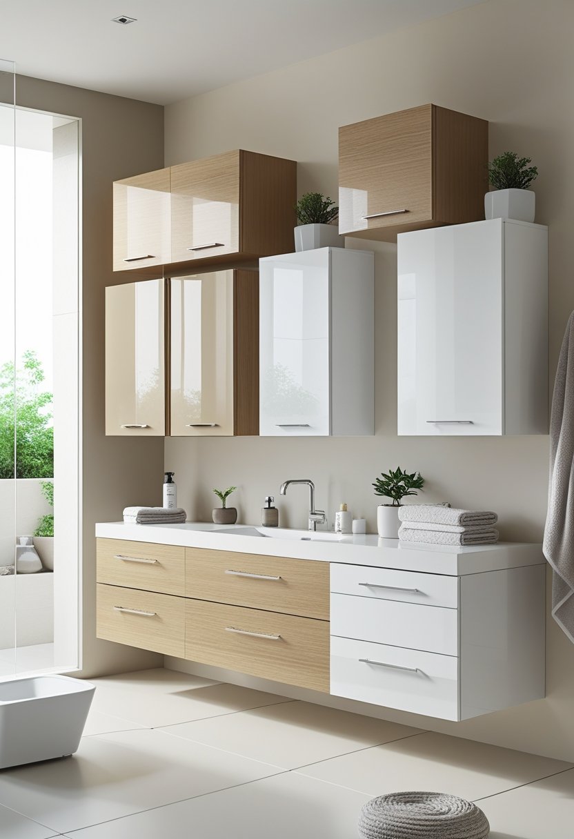 A modern bathroom with several floating cabinets mounted on the walls, creating open floor space and organized storage around a sink and vanity.