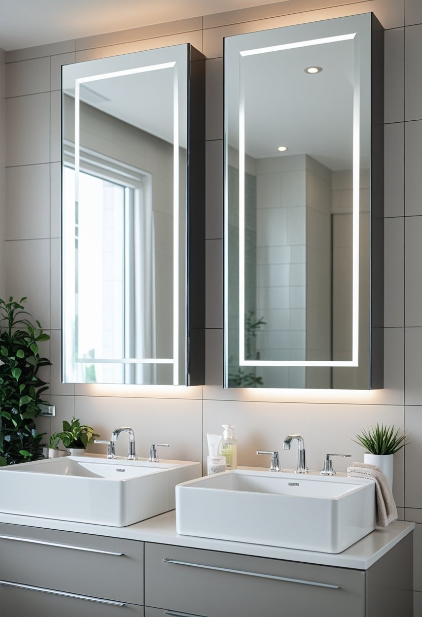 A bathroom with two mirrored medicine cabinets above a double sink vanity, showing organized storage and clean design.