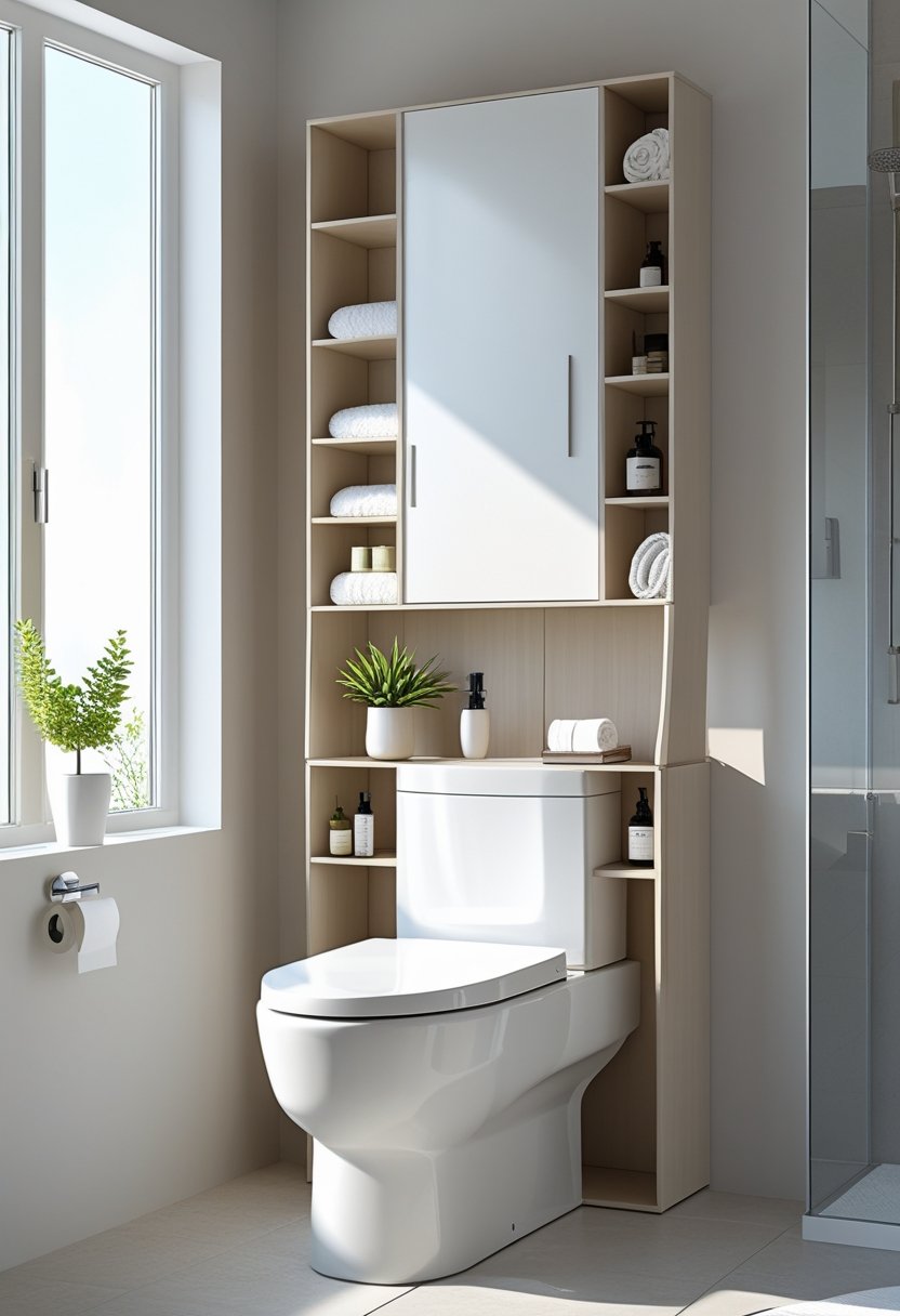 A bathroom with a white toilet and an over-the-toilet storage cabinet holding towels, toiletries, and plants.