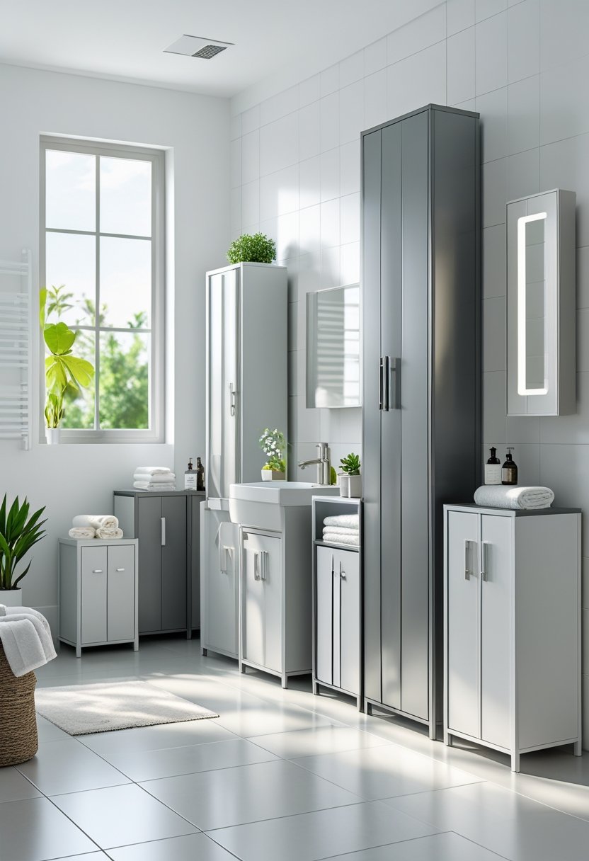 Seven freestanding metal bathroom storage cabinets of different sizes and designs arranged in a bright bathroom with towels and toiletries.