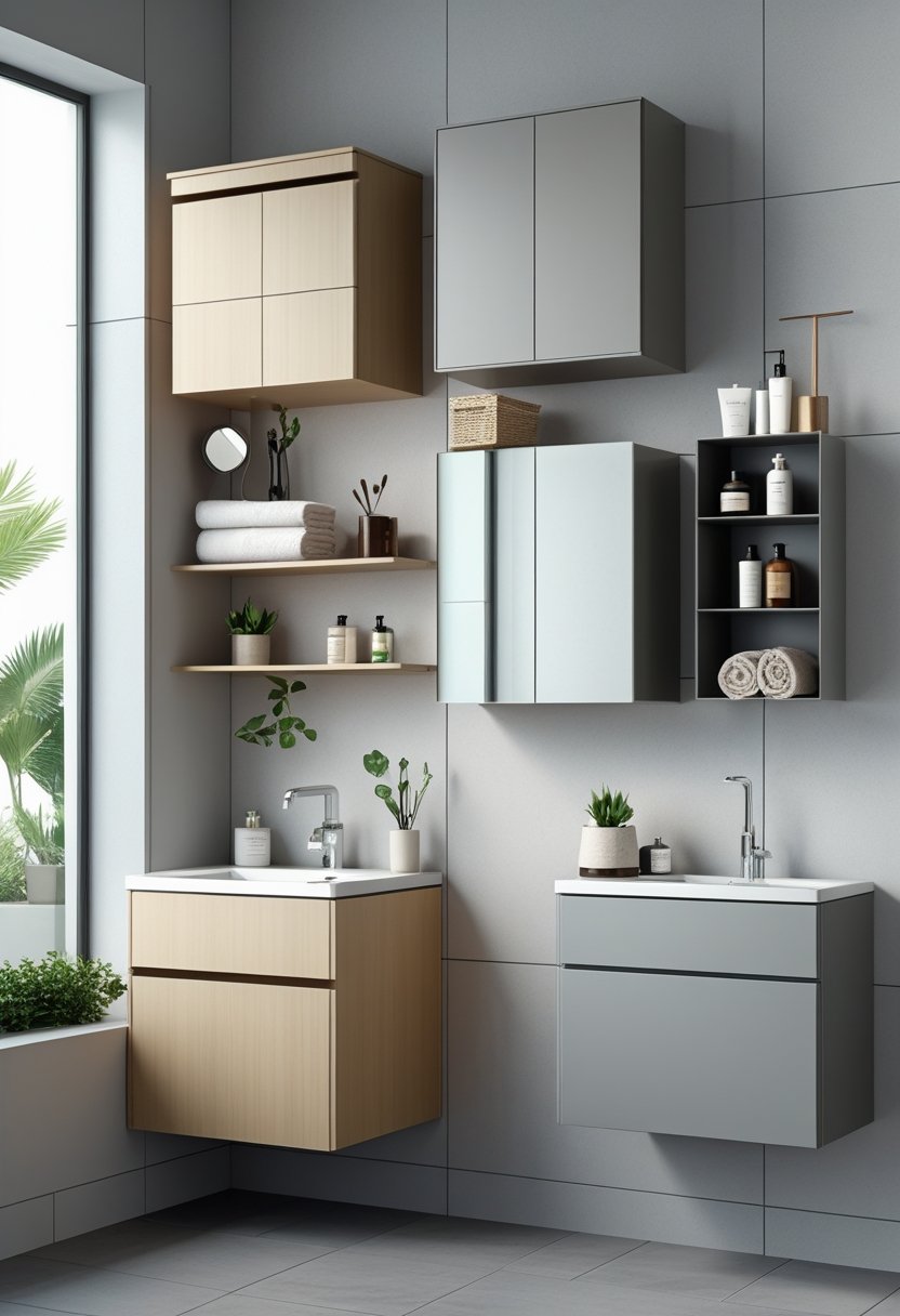Bathroom interior with multiple wall-mounted storage cabinets and shelves holding towels and toiletries.
