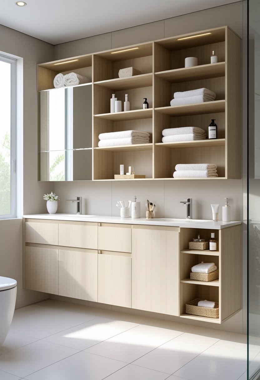 A modern bathroom with open shelves and cabinets storing towels and toiletries next to a sink and mirror.