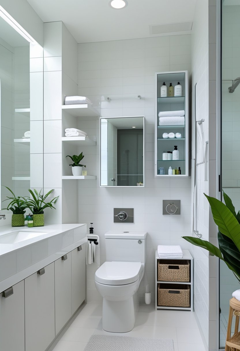 Small bathroom with seven different storage cabinets including shelves, under-sink drawers, and a corner cabinet, all neatly organized and well-lit.