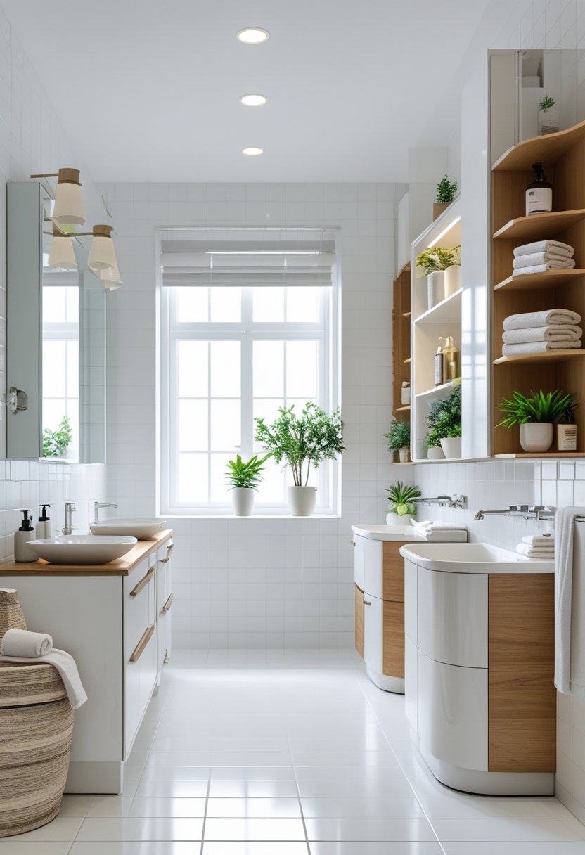 A bathroom with seven different storage cabinets including wall-mounted, under-sink, and freestanding units, all neatly organized with toiletries and towels.