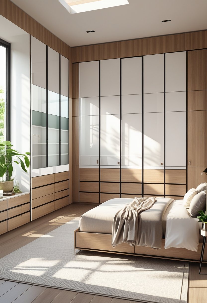 A bedroom with eight built-in wardrobes along the walls, a bed, and natural light coming through large windows.