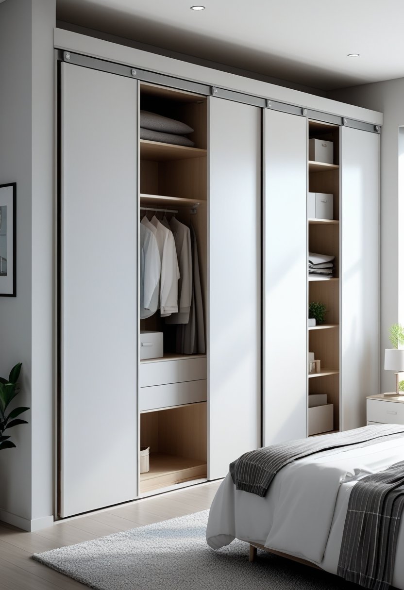A bedroom with a sliding wardrobe featuring eight doors and built-in storage compartments, alongside a bed and bedside table.