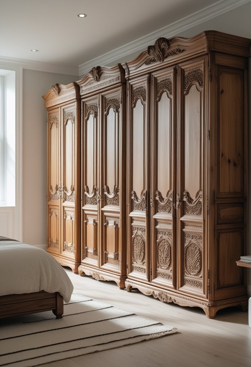 A spacious bedroom featuring a large vintage carved wooden wardrobe with eight doors, showcasing detailed woodwork and craftsmanship.