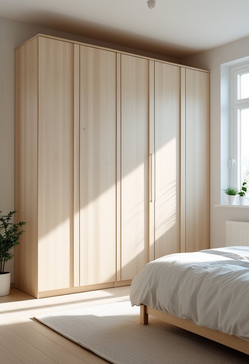 A bedroom with a large wooden wardrobe with eight doors and a bed with white bedding.