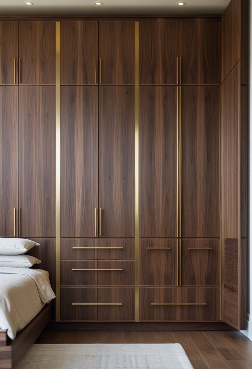 A bedroom featuring a large walnut wardrobe with brass handles and eight compartments.