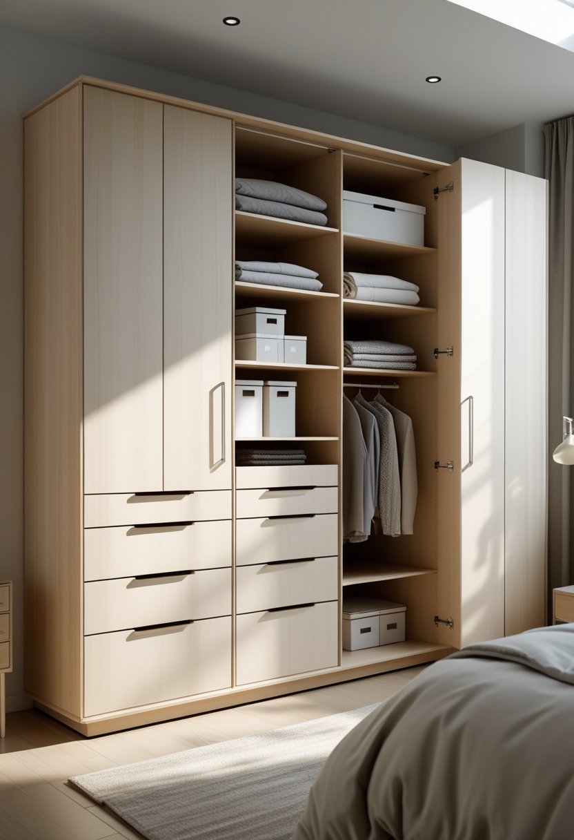A bedroom with a modern wardrobe featuring drawers and shelves filled with clothes and storage items.