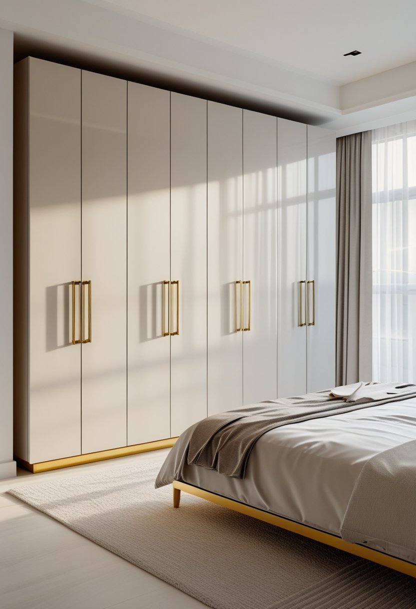 A bedroom with a large wardrobe featuring gold handles and legs, surrounded by a simple and tidy interior.