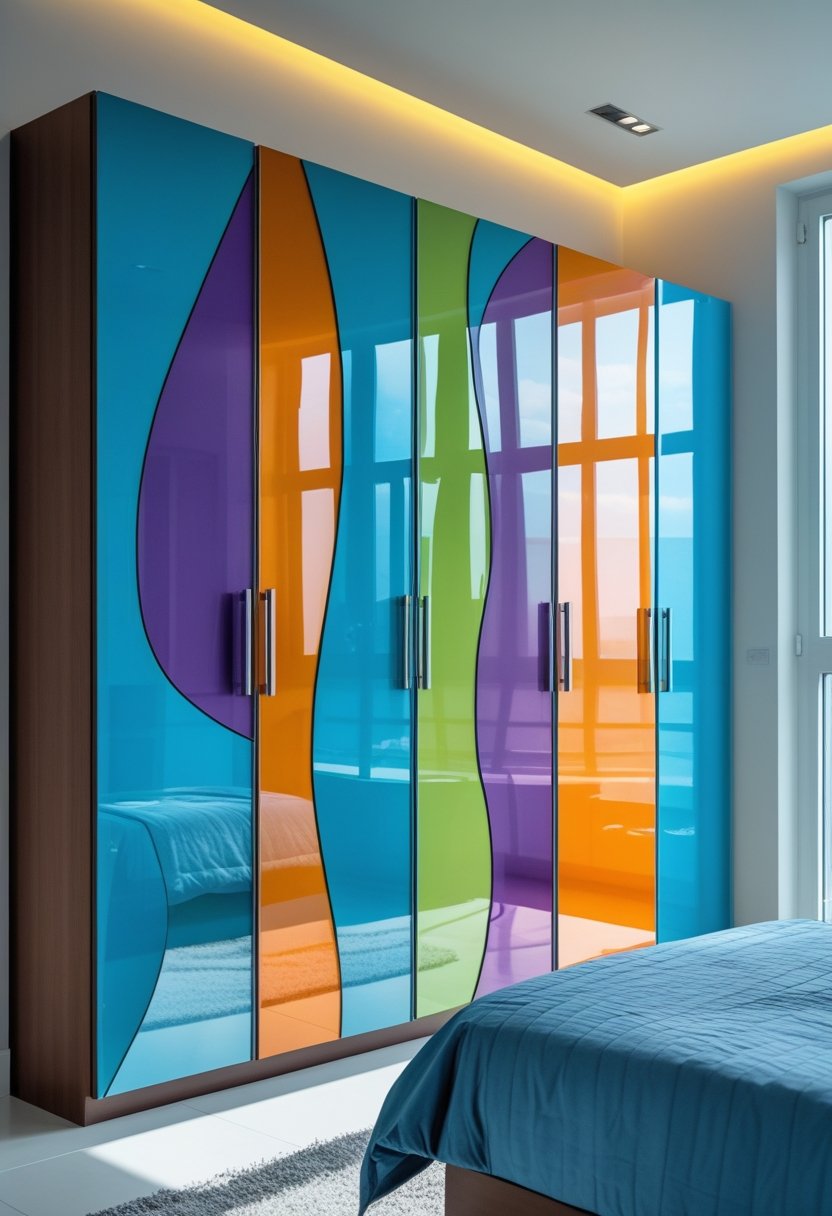 A bedroom with eight colorful glossy wardrobes featuring abstract designs arranged along one wall.