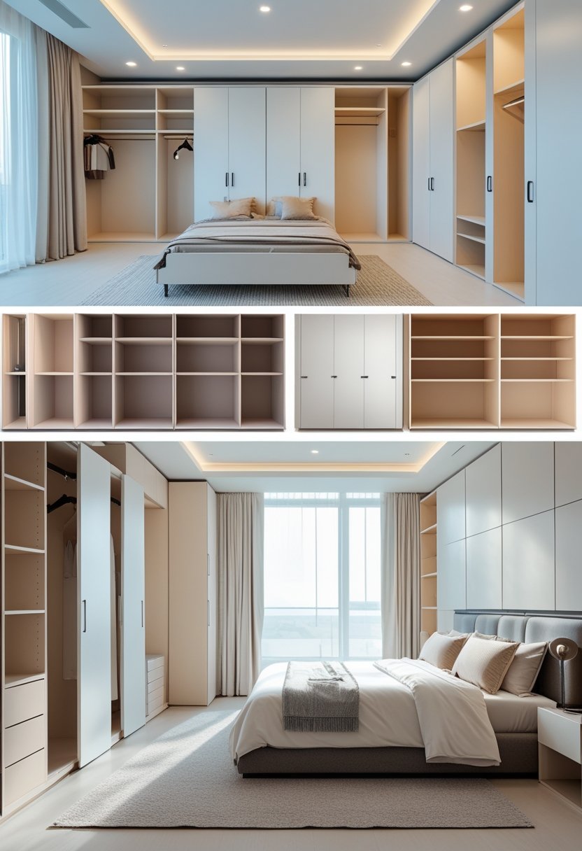 A bedroom with eight different wardrobe designs arranged to maximize space and storage, featuring a bed and natural light.