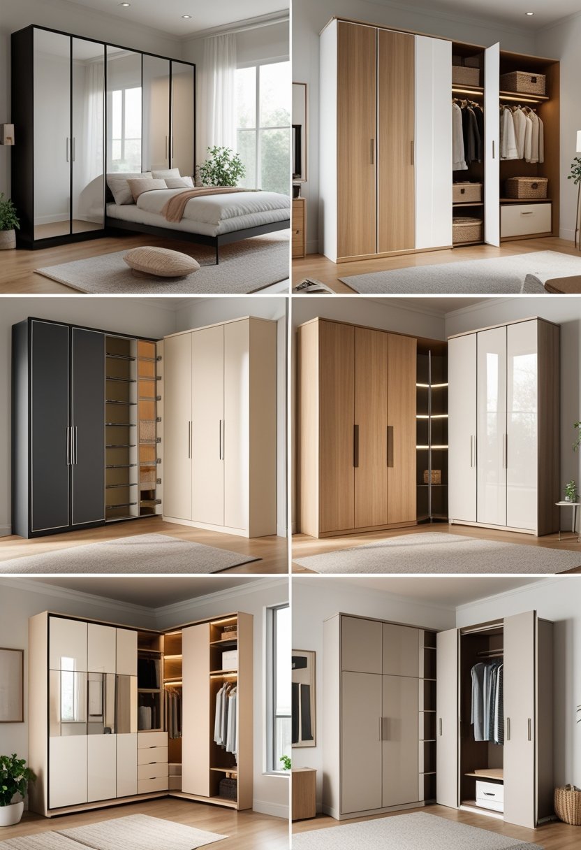 A bright bedroom displaying eight different wardrobe designs arranged neatly, with various door styles and finishes, illuminated by natural light.