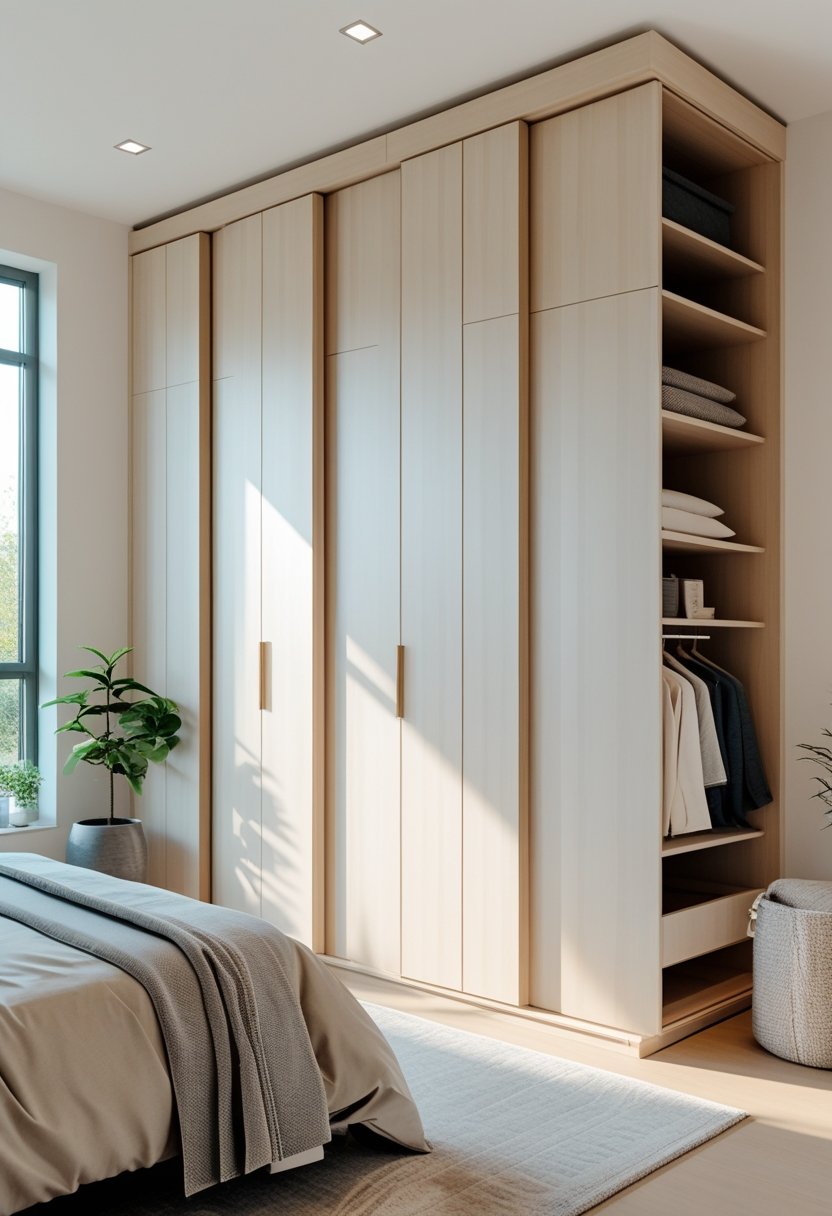 A modern bedroom with a built-in wardrobe, a neatly made bed, and natural light coming through large windows.