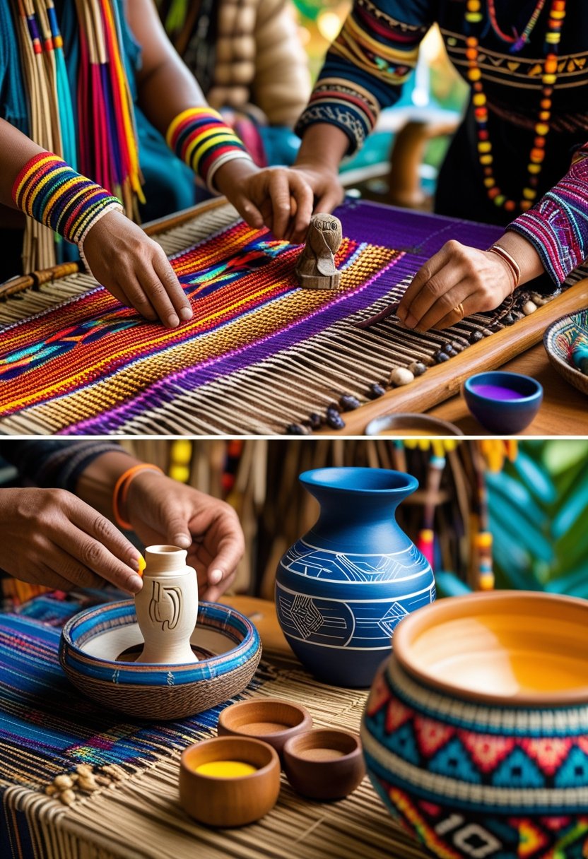 A group of Indigenous artists creating traditional crafts such as weaving, carving, and painting in a warm, natural setting.