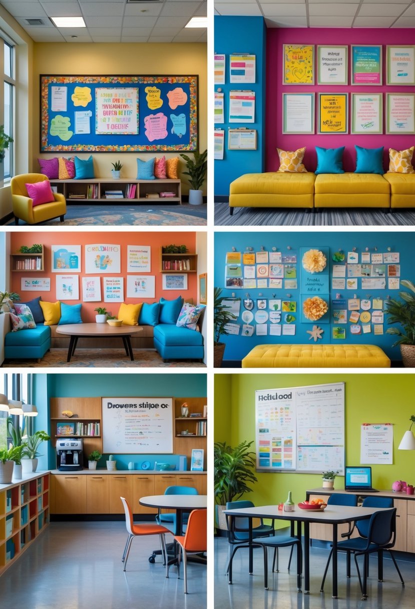 A teachers' lounge with six different decorations including a bulletin board, reading nook, motivational wall, supply corner, coffee station, and collaborative workspace.