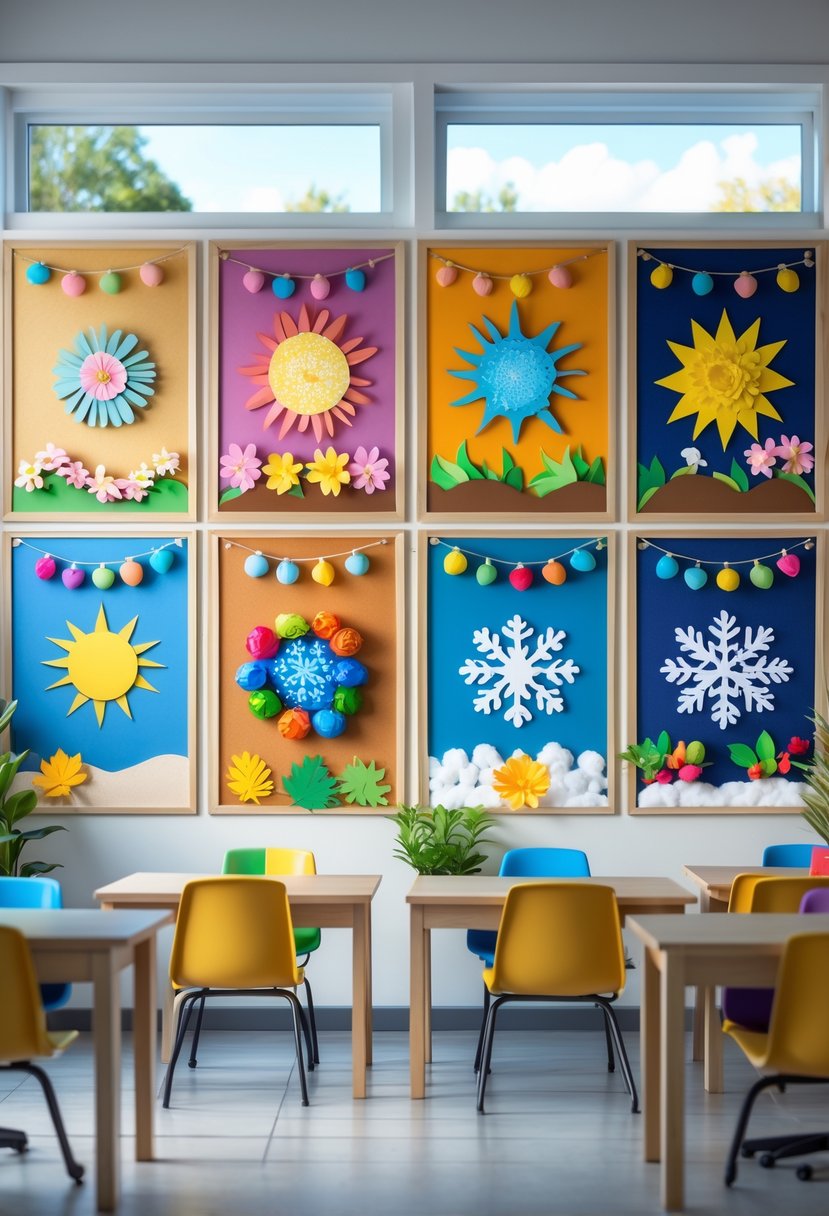 A teachers' lounge with six colorful seasonal bulletin boards and comfortable seating, decorated to create a welcoming and engaging atmosphere.