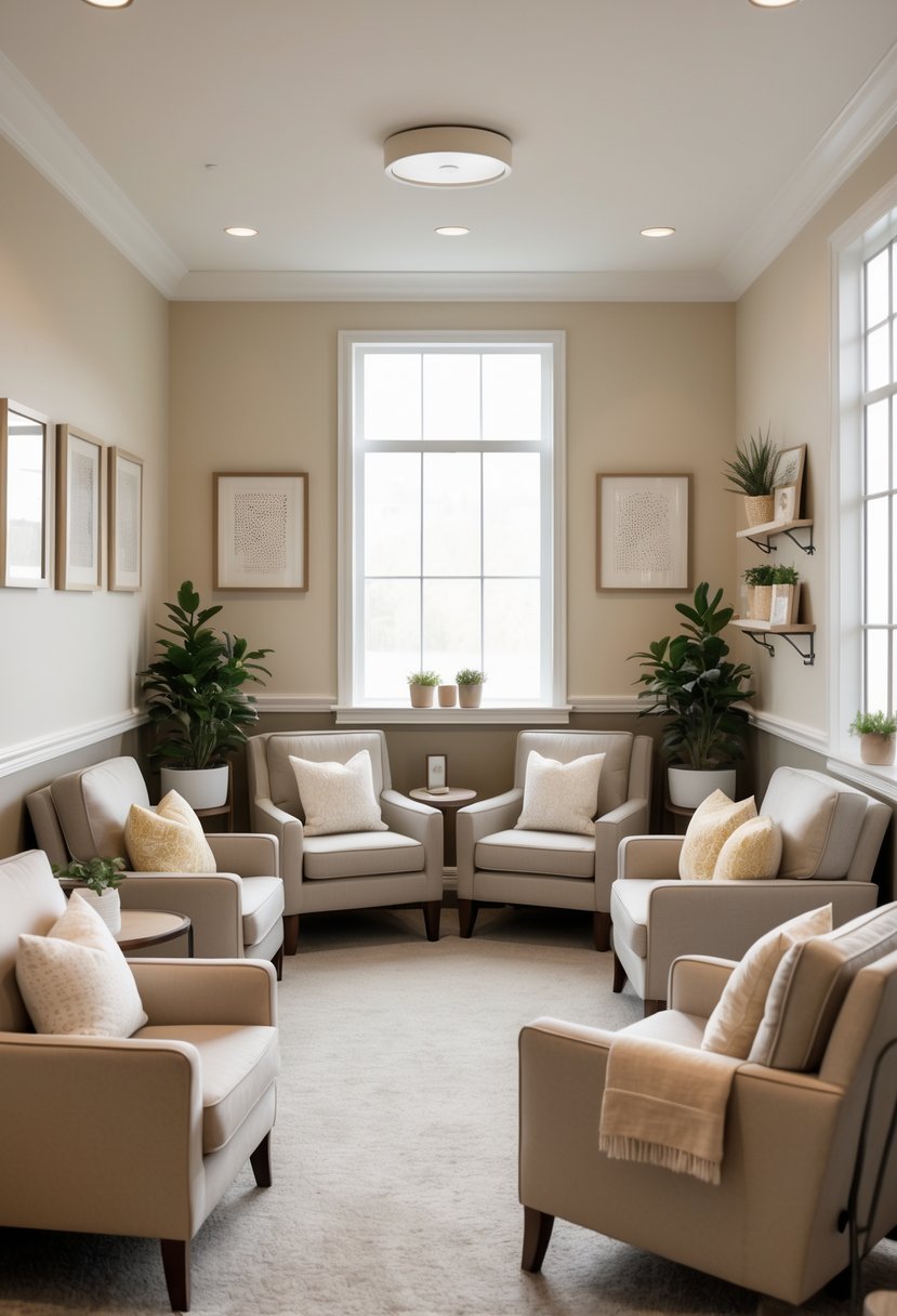 A cozy teachers' lounge corner with six comfortable seats, cushions, throw blankets, plants, and soft natural light.