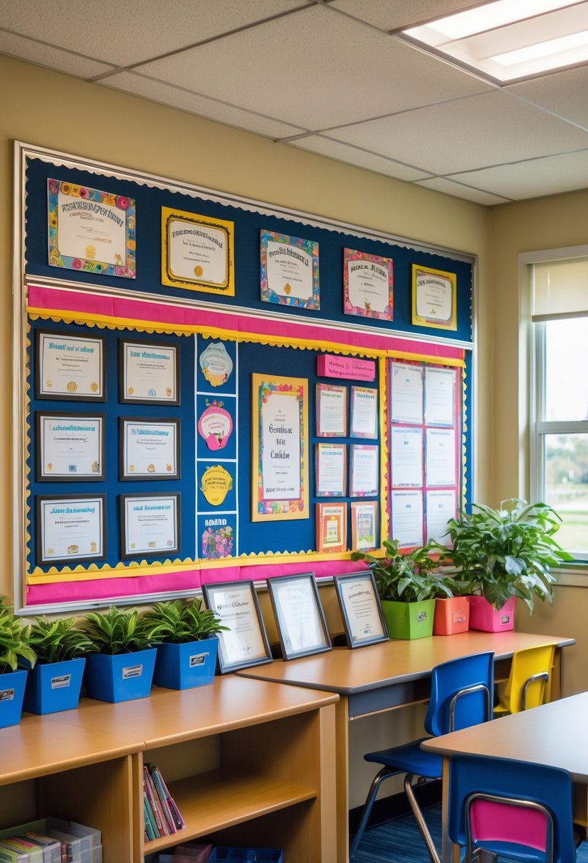 A teachers' room with a display of certificates, awards, and decorations celebrating teacher achievements.