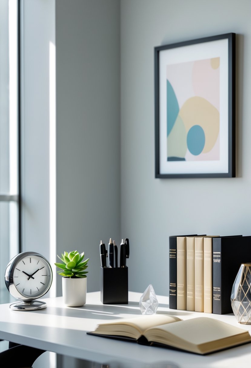 An office desk and surrounding area with six decorations: a silver desk clock, a small green succulent plant, a framed abstract art piece, a black and gold pen holder with pens, a stack of business books, and a glass paperweight.