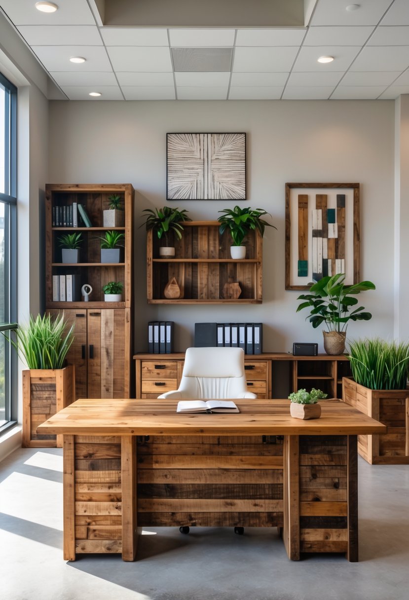 An office with a large wooden desk, bookshelf, filing cabinet, desk organizer, picture frame, and planter box, all made from reclaimed wood, arranged neatly in a bright workspace.