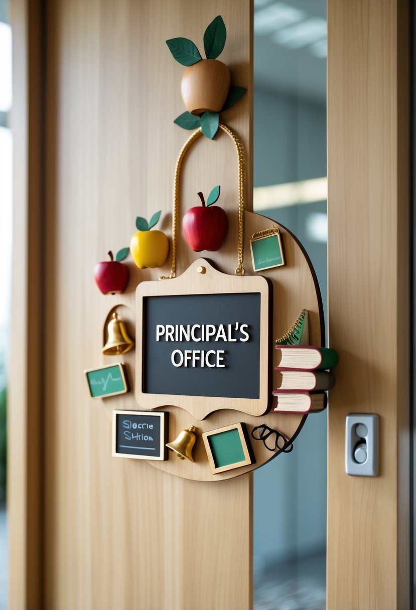 A wooden door hanger decorated with six principal office-themed items hanging on an office door.