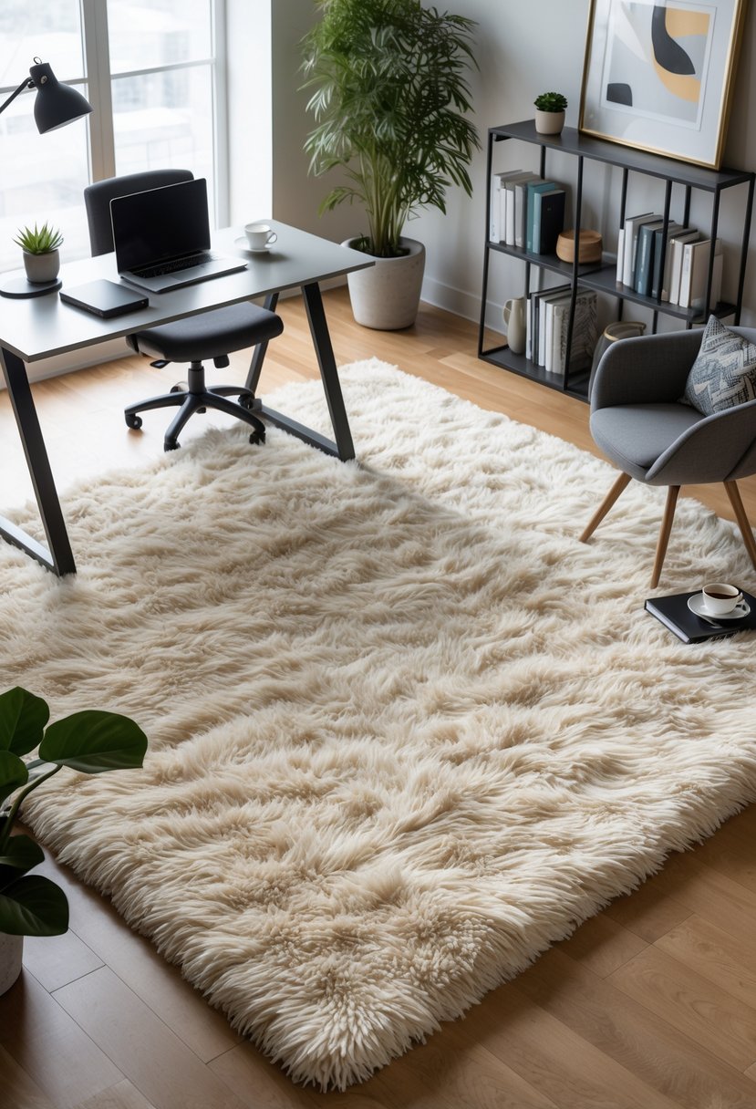 An office area with a soft cozy rug on the floor surrounded by a desk, chair, plant, bookshelf, artwork, and side table.