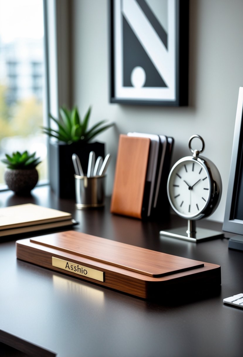 A modern office desk with a polished wooden nameplate surrounded by a small plant, pen holder, notebook, desk clock, framed art, and glass paperweight.
