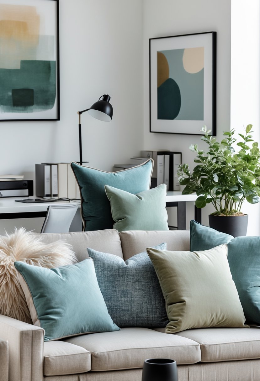An office interior with six key decorations including fluffy throw pillows in calming colors arranged on a sofa, a desk organizer, table lamp, potted plant, framed art, books, and a decorative vase.