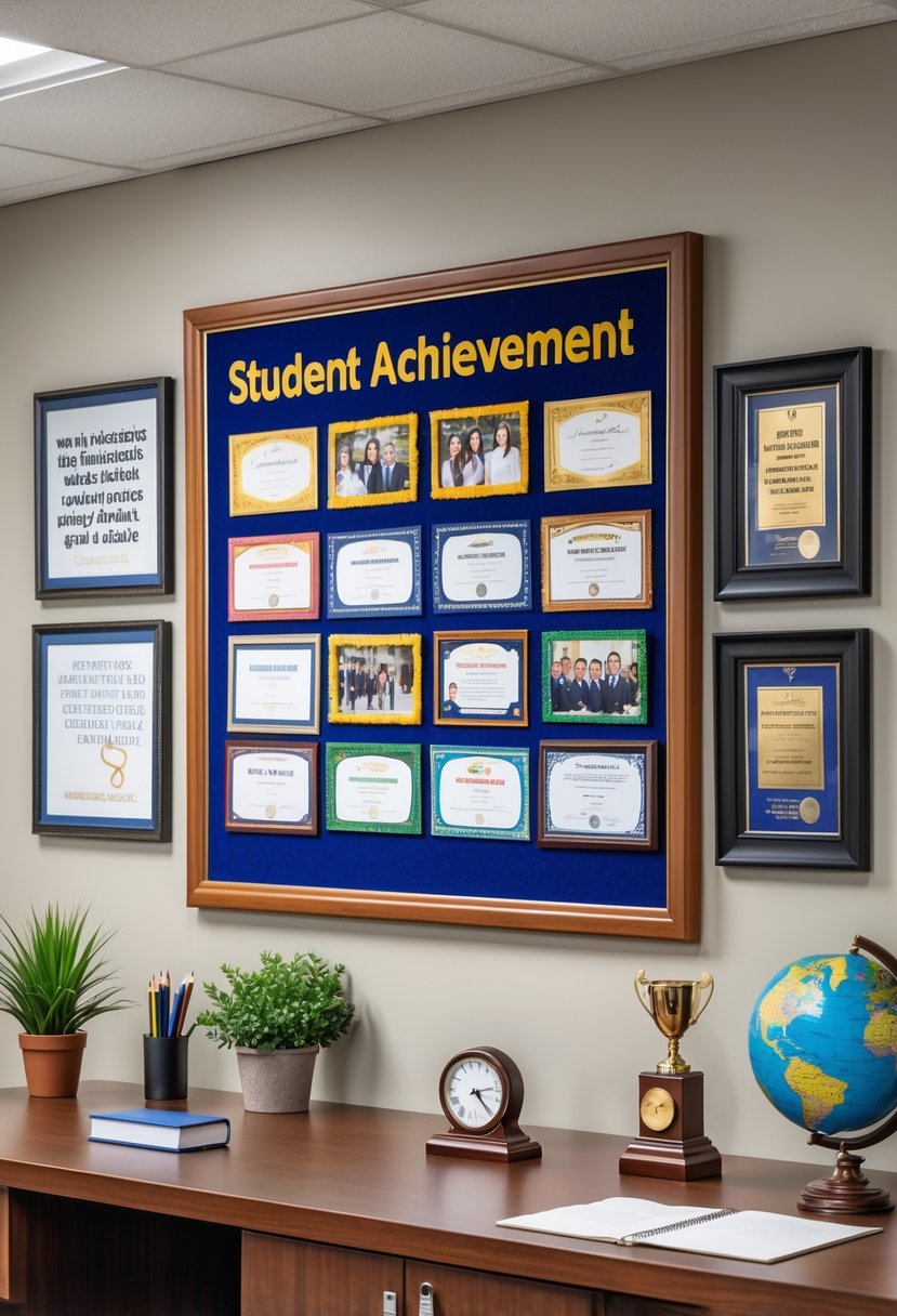 Wall-mounted student achievement display board with six decorations in a principal's office.