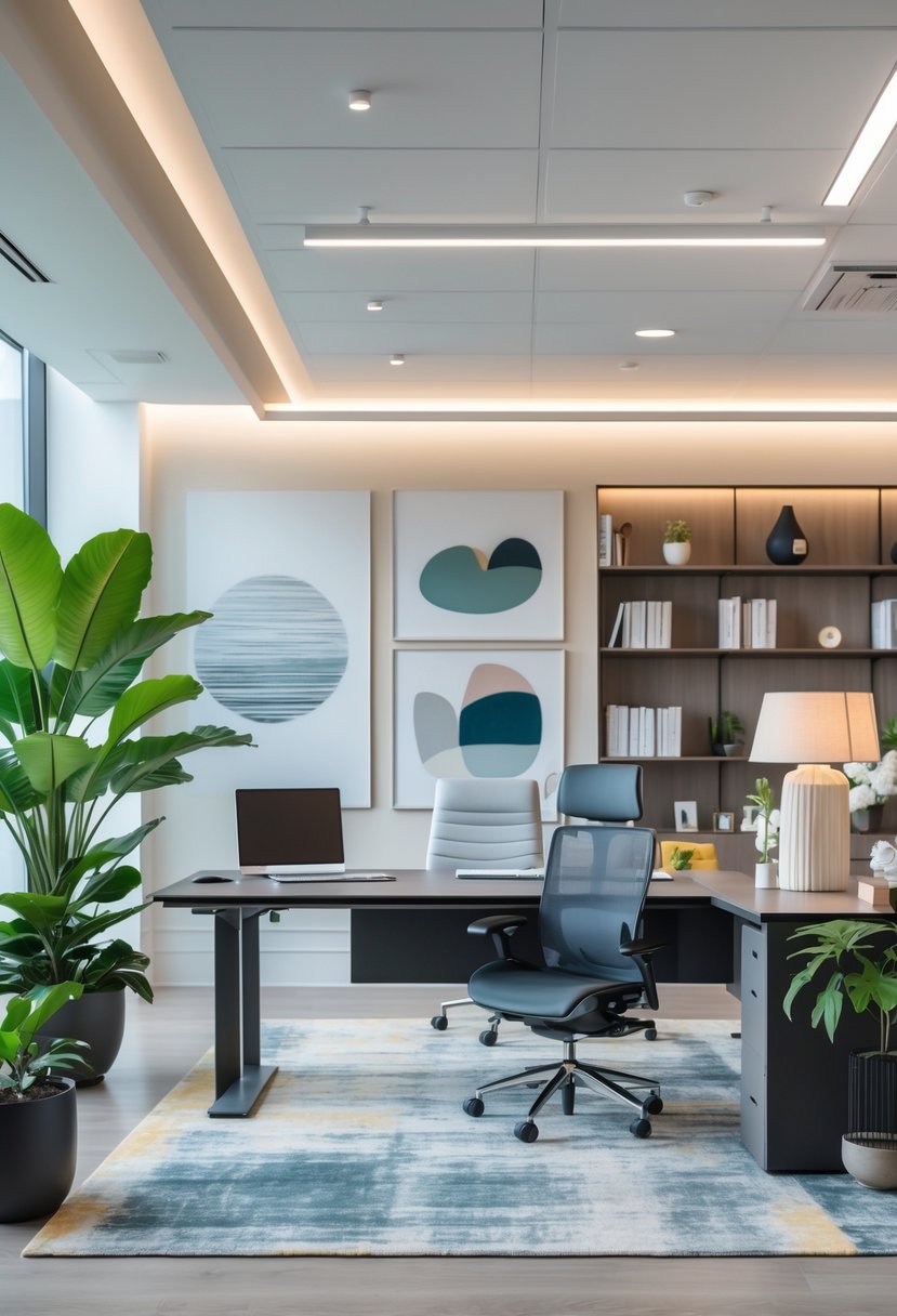 A modern office interior featuring a desk and chair, a large green plant, wall art, a bookshelf, and ambient lighting.