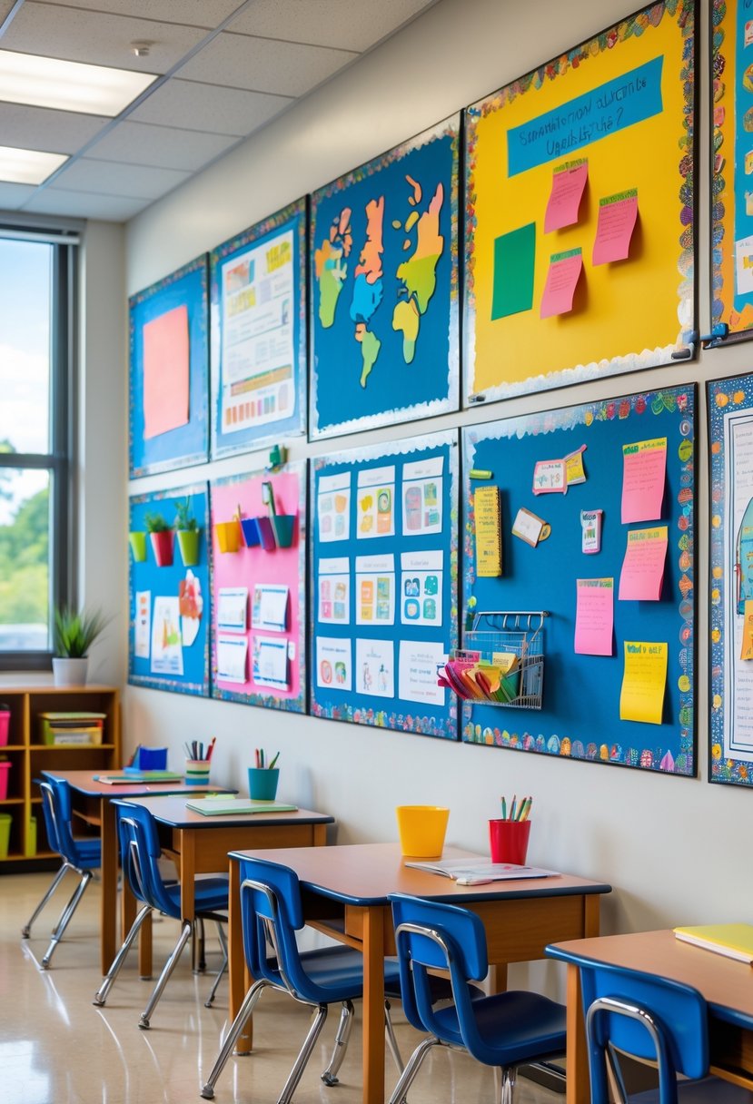Classroom wall with several interactive bulletin boards displaying educational materials and student artwork in a bright and organized setting.