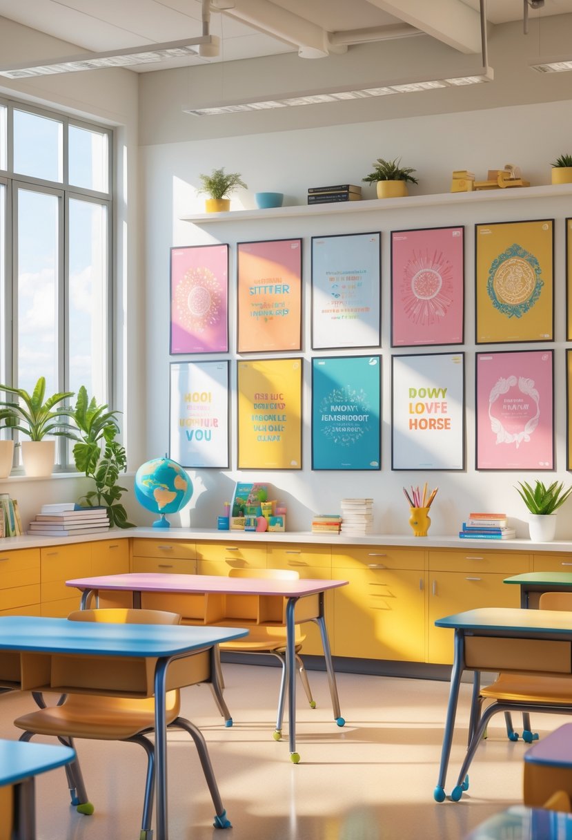 A classroom with colorful inspirational posters on the walls, desks and chairs arranged neatly, and plants on shelves.