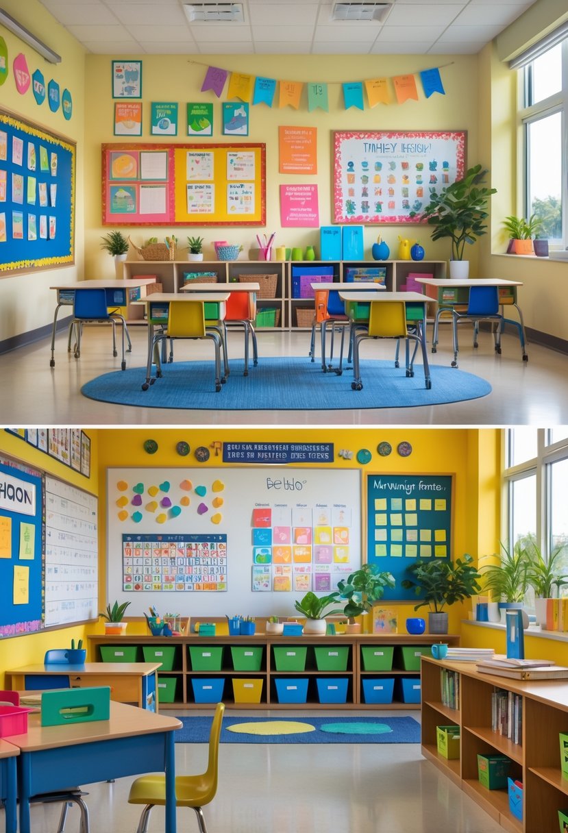 A well-organized classroom interior with colorful wall decorations including student artwork, educational posters, a calendar, plants, and craft displays.