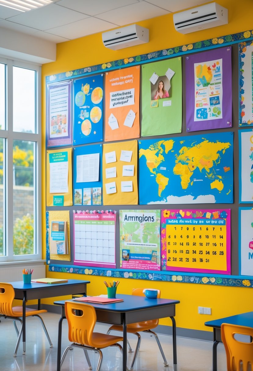 A classroom wall decorated with colorful educational posters, student artwork, a world map, and interactive bulletin boards, with desks and natural light visible.