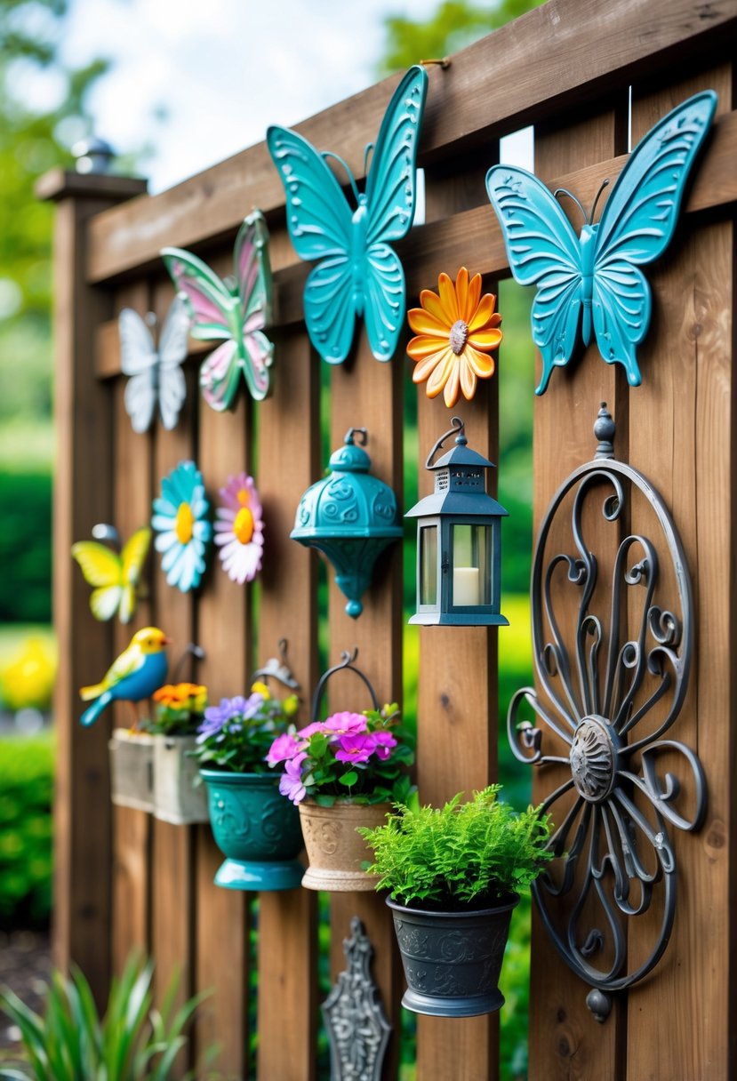 Eight different decorative items hanging on a wooden fence, including metal butterflies, ceramic flowers, birds, lanterns, planters, plaques, iron scrollwork, and a sun-shaped ornament.