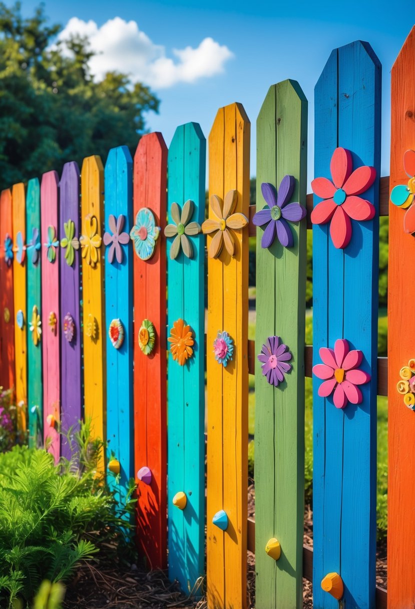 A colorful wooden fence outdoors with eight vibrant decorative elements and greenery in the background.