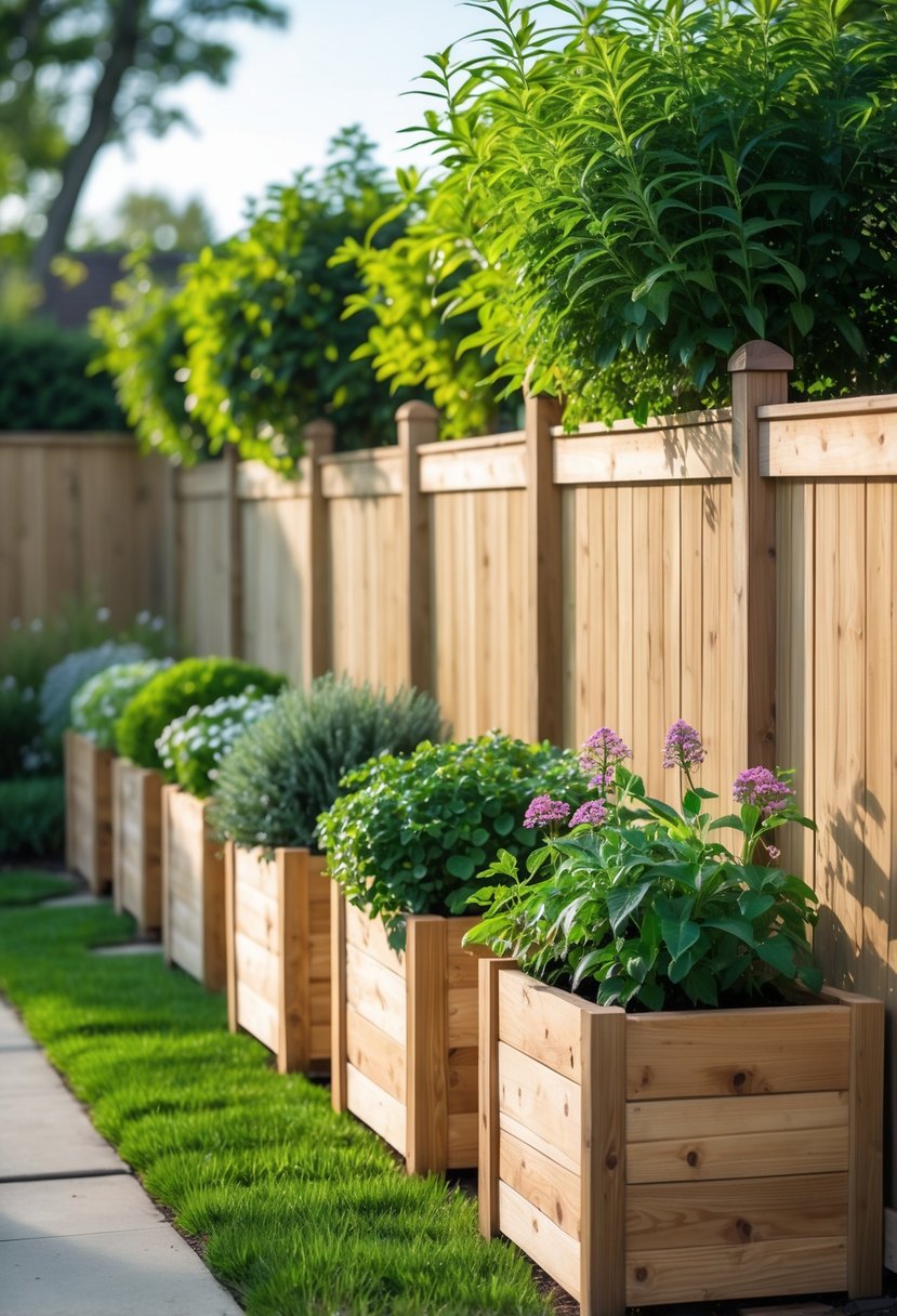 A backyard fence with eight wooden planters filled with green plants and flowers arranged along it.